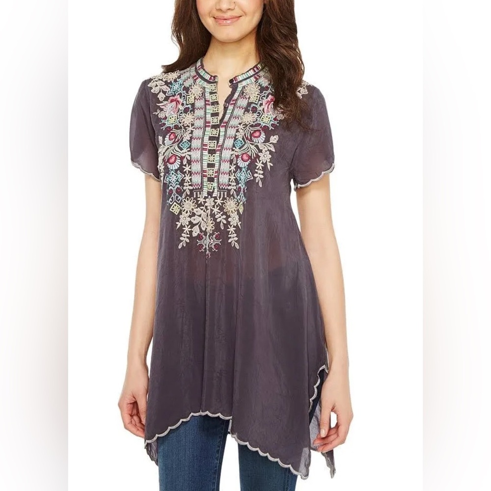 Johnny Was Charcoal Tunic with Floral Embroidery